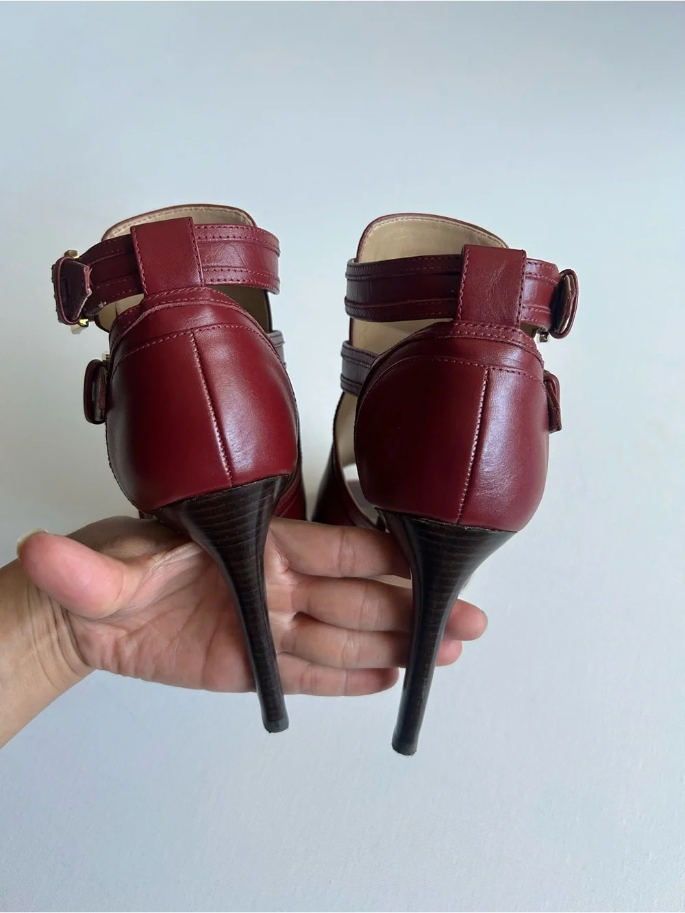 Michael Kors Blaze Leather Peep Toe Stiletto Heels Shoe Sz 8.5 Brandy Red